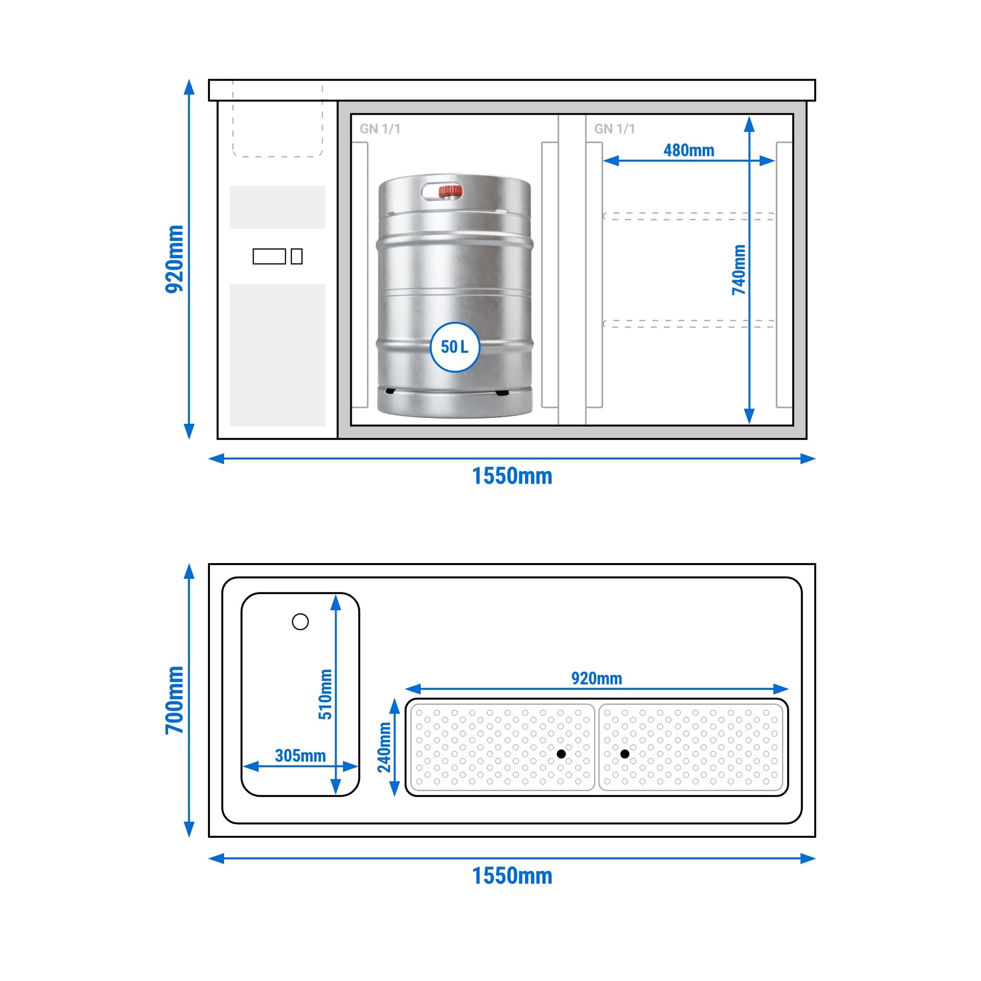 GGM Gastro Výčepní Pult Premium PLUS 1550 mm 700 mm 920 mm