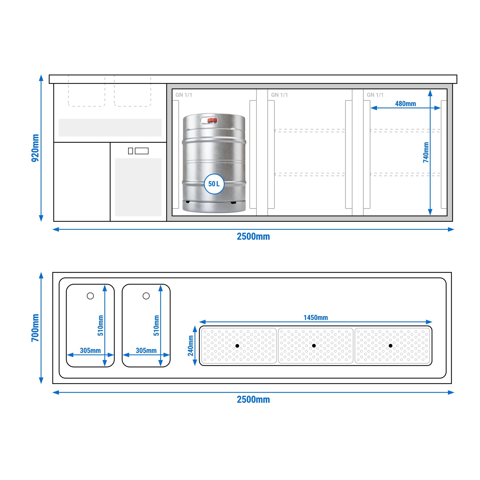 GGM Gastro Výčepní Pult Premium PLUS 2500 x 700 mm 3 Dveře
