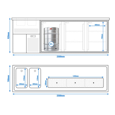 GGM Gastro Výčepní Pult Premium PLUS 2500 x 700 mm 3 Dveře
