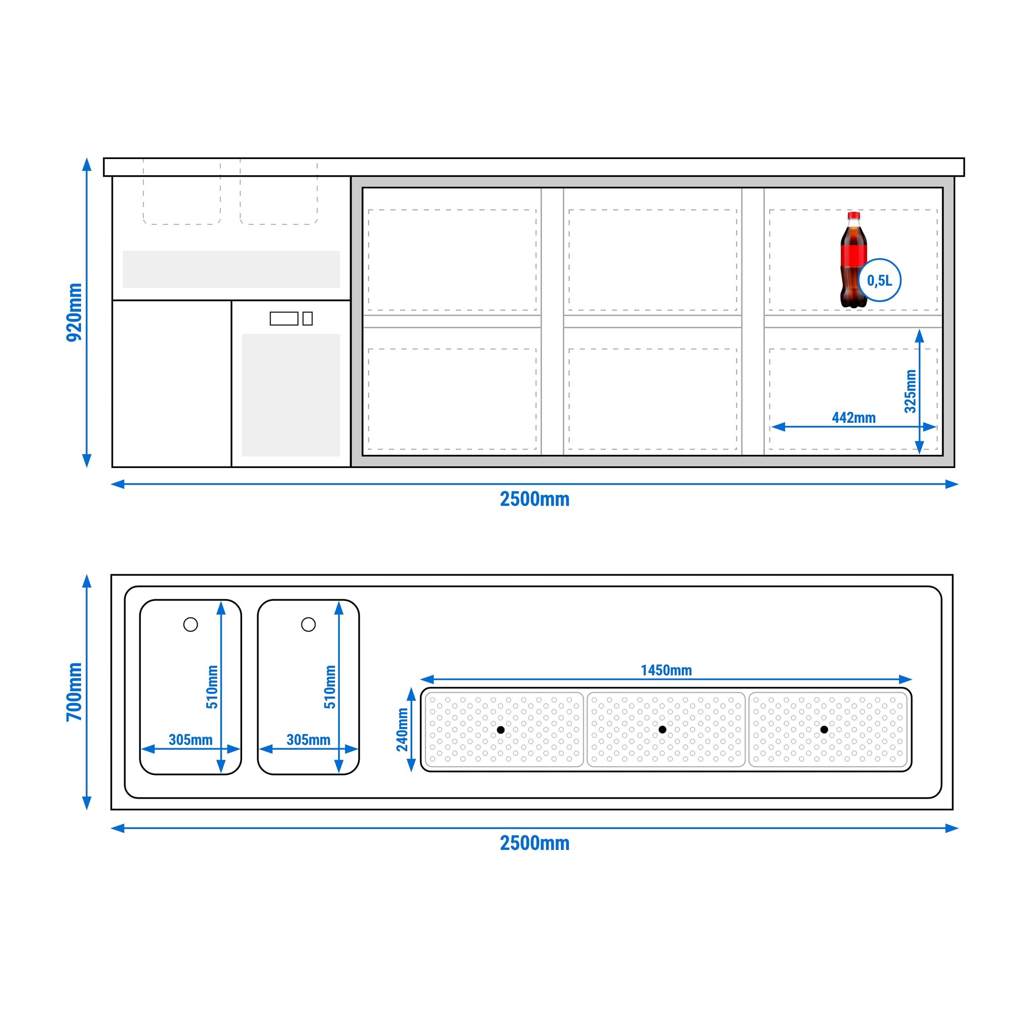 Ausschanktheke Premium PLUS 2500 mm 2 Becken 6 Schubladen