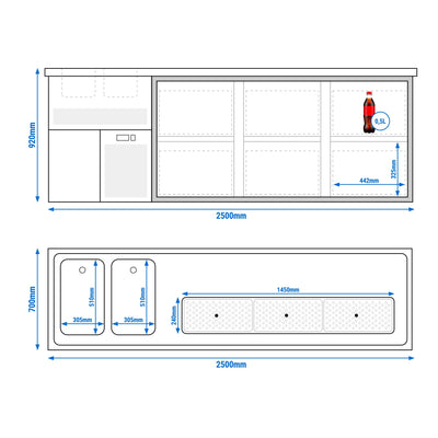 Ausschanktheke Premium PLUS 2500 mm 2 Becken 6 Schubladen