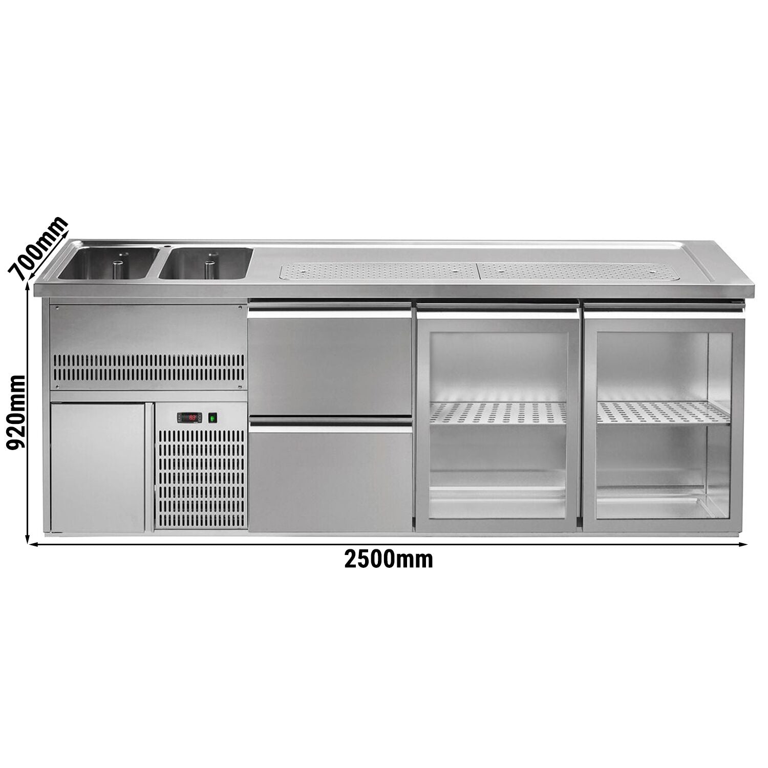 GGM Gastro Výčepní Pult Premium PLUS 2500 mm 2 Skleněné Dveře 2 Zásuvky