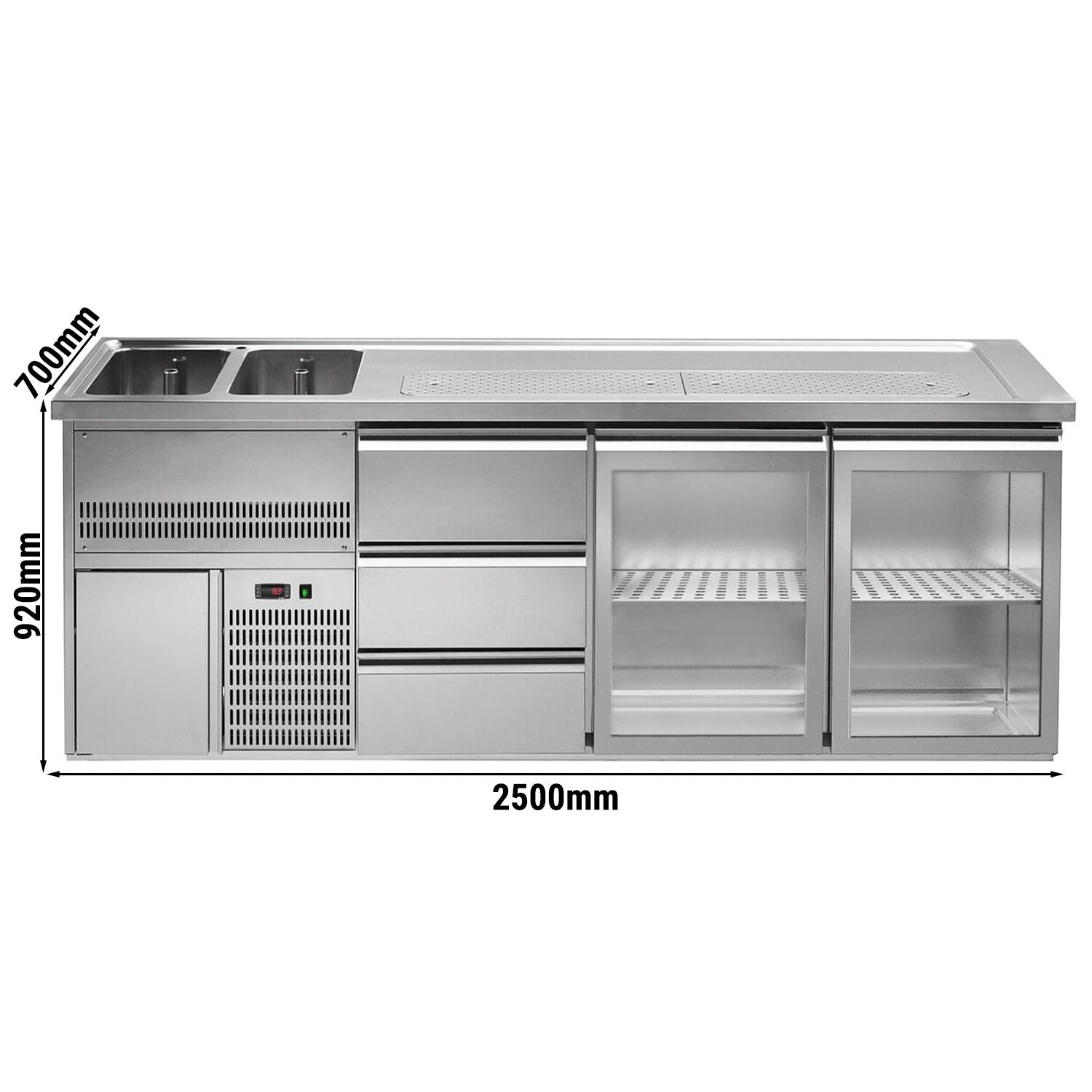 GGM Gastro Výčepní Pult Premium PLUS 2500 mm 2 Skleněné Dveře 3 Zásuvky