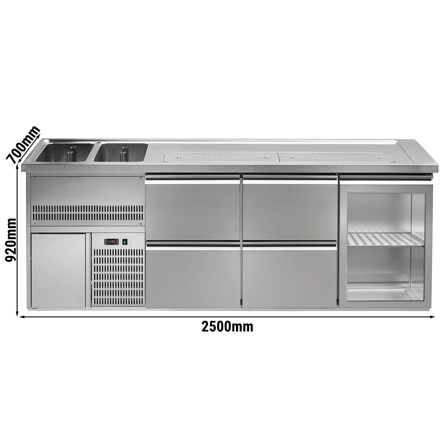 Premium PLUS Výčepní Pult 2500 mm 700 mm 920 mm 2 Drezy 4 Zásuvky