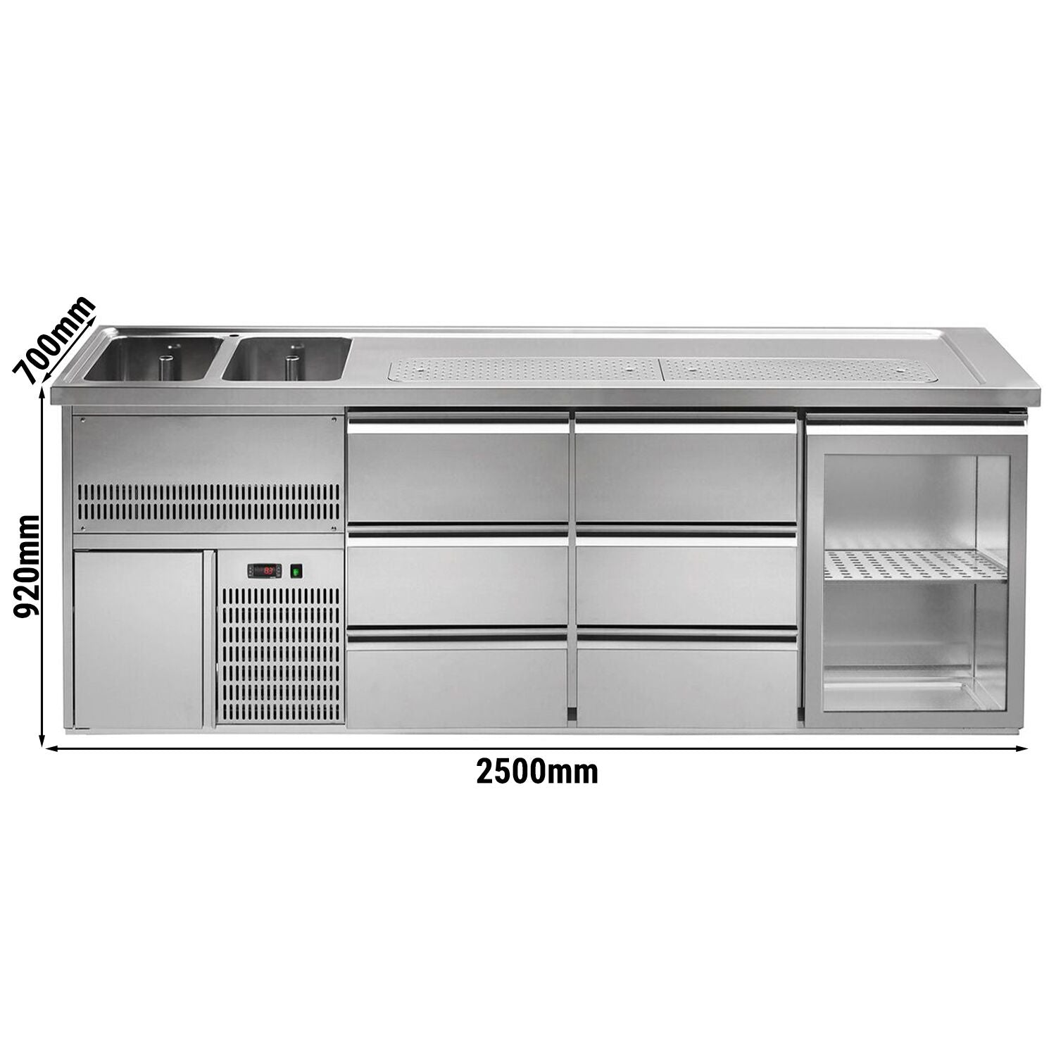GGM Gastro Výčepní Pult Premium PLUS 2500 mm 700 mm Nerez 6 Zásuvek 1 Skleněné Dveře