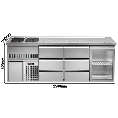 GGM Gastro Výčepní Pult Premium PLUS 2500 mm 700 mm Nerez 6 Zásuvek 1 Skleněné Dveře