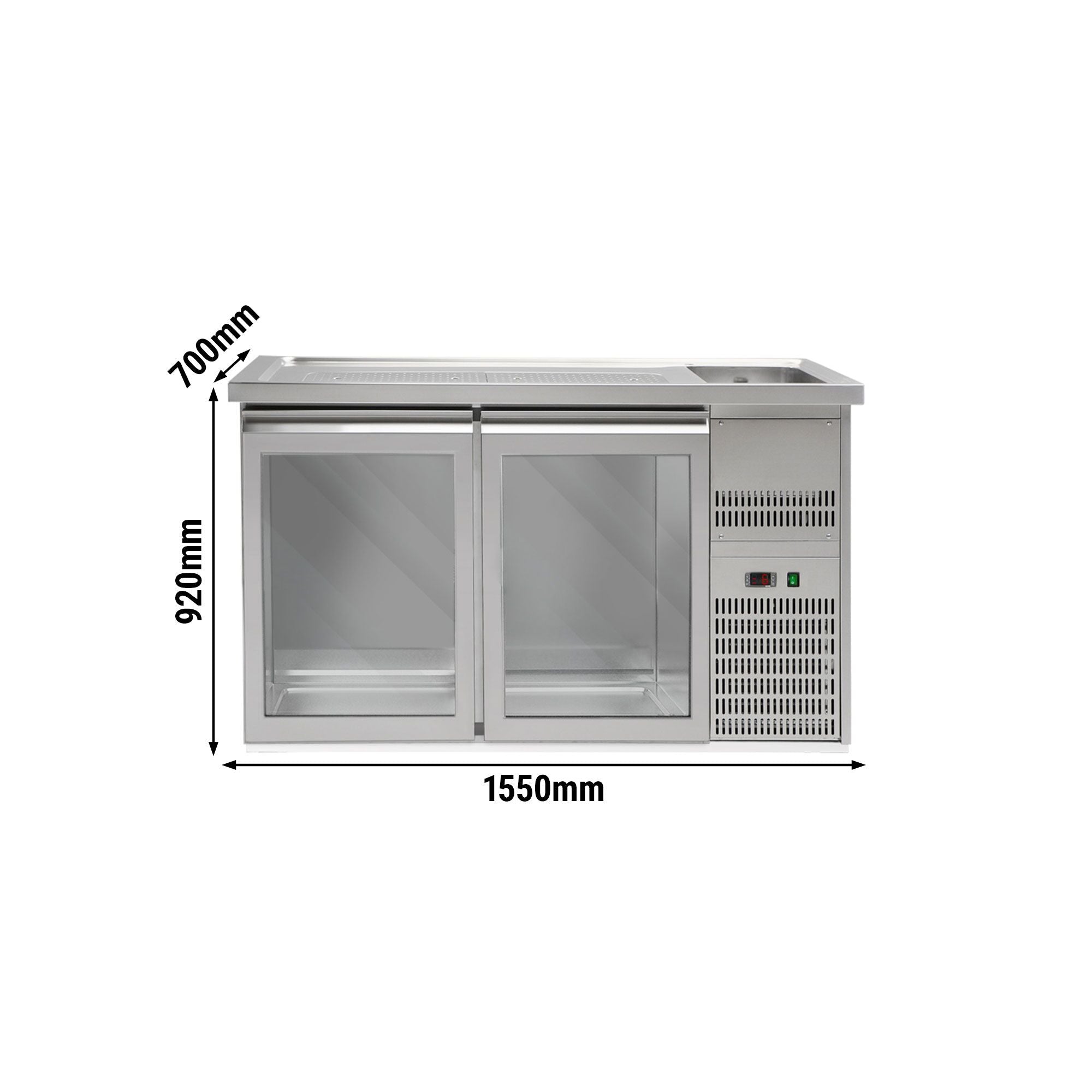 GGM Gastro Výčepní Pult PREMIUM PLUS 1550 mm 1 Dřez 2 Skleněné Dveře