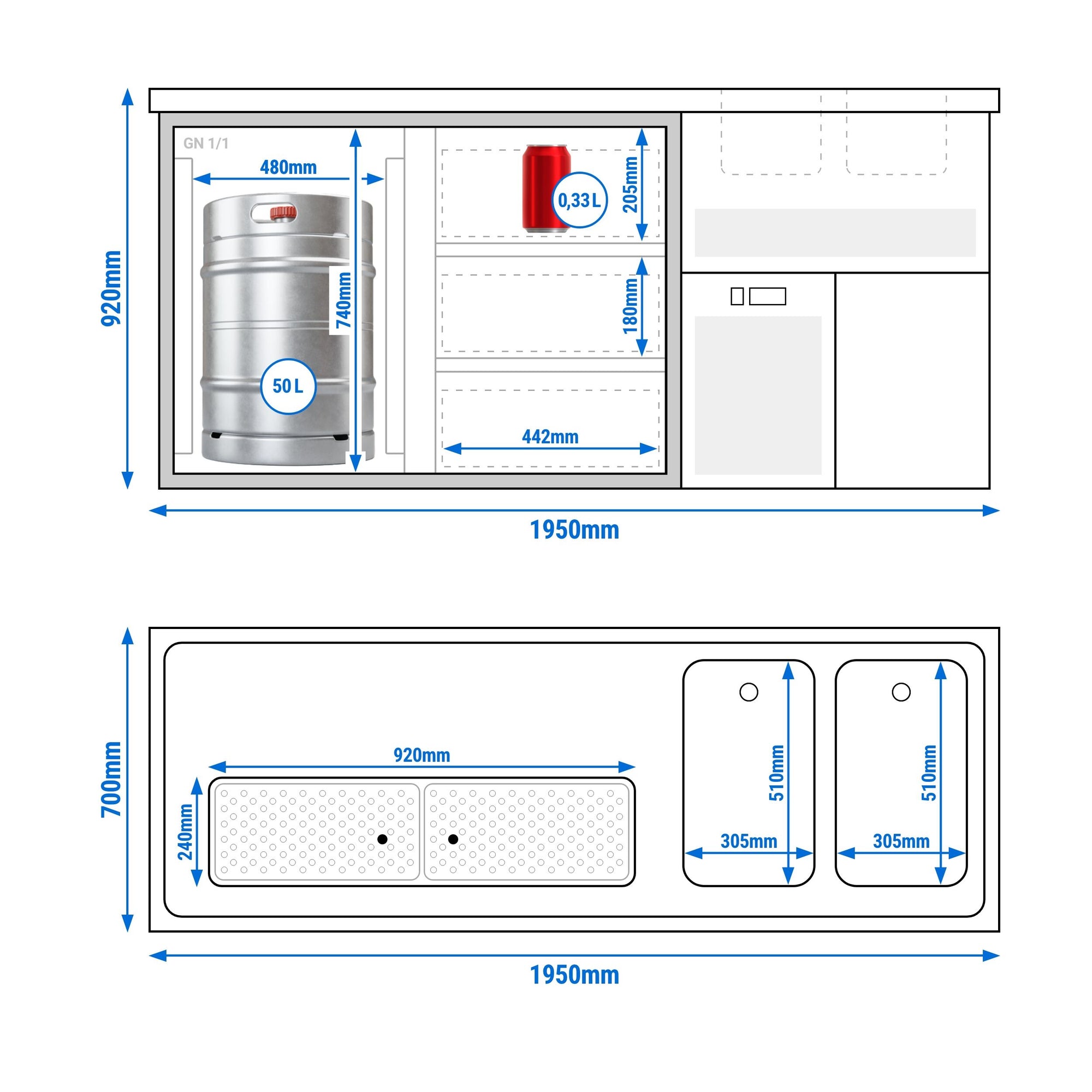 GGM Gastro Premium PLUS Výčepní pult 1950 mm 700 mm Nerez 2 dřezy