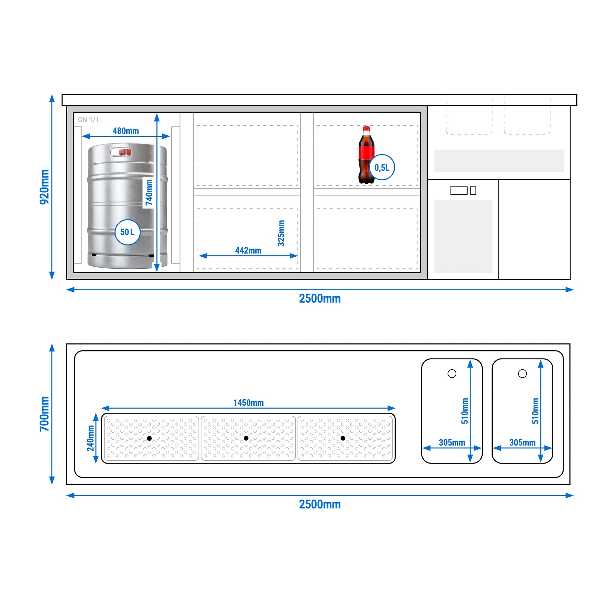 Ausschanktheke Premium PLUS 2500 x 700 mm 6 Schubladen
