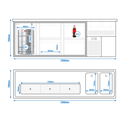 Ausschanktheke Premium PLUS 2500 x 700 mm 6 Schubladen