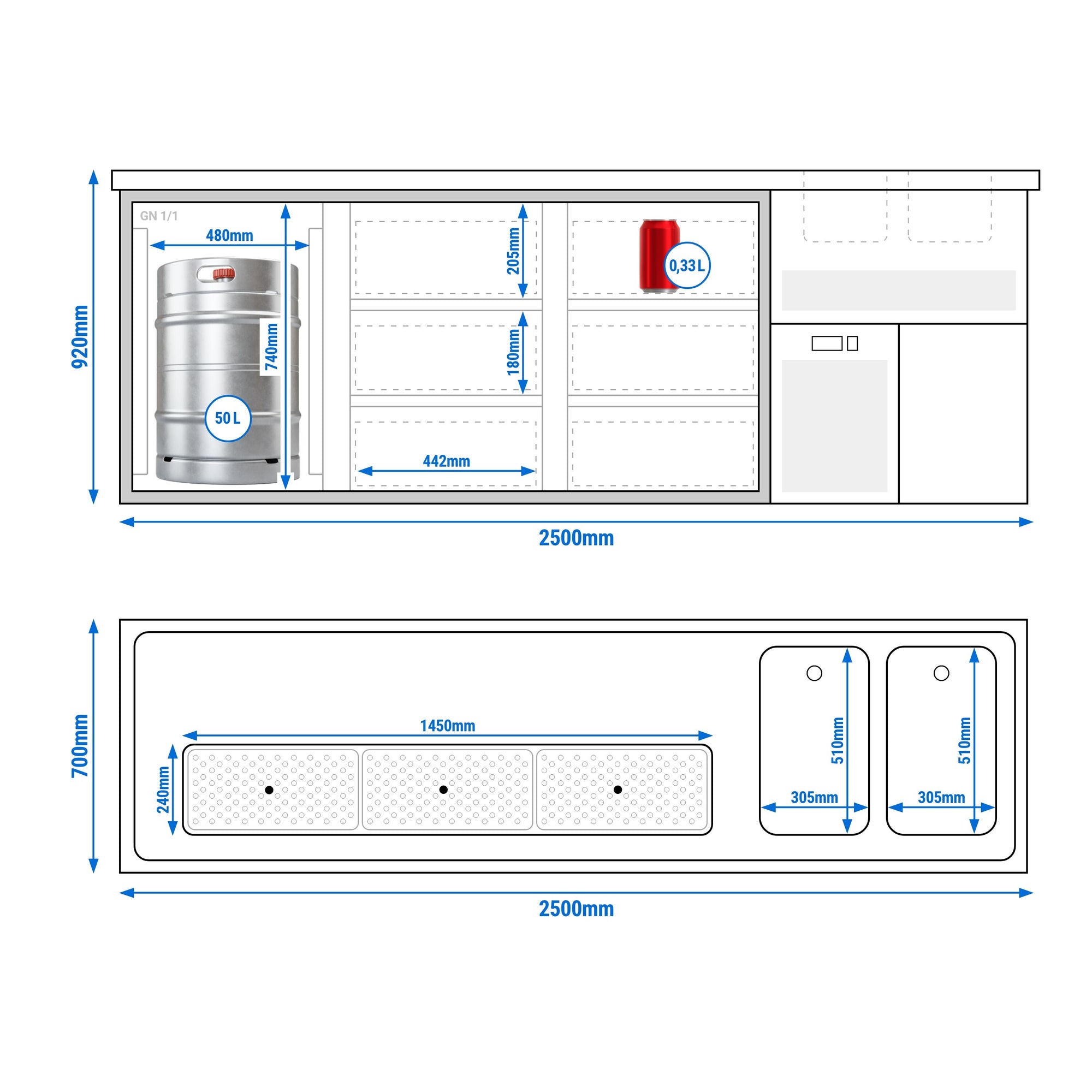 GGM Gastro Premium PLUS Výčepní Pult 2500 mm 6 Zásuvek