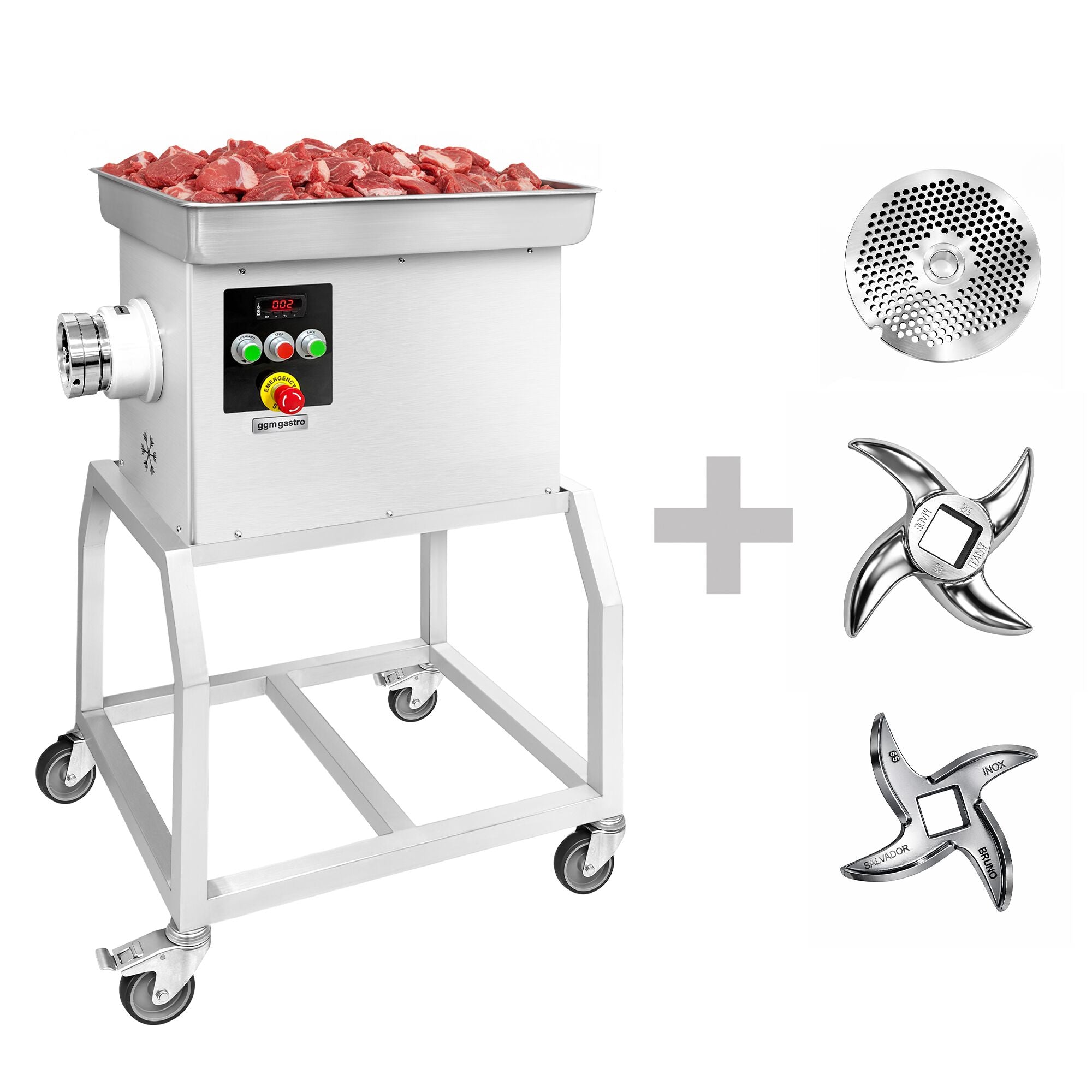 Professioneller Fleischwolf Größe 32 600 kg/h 3 kW 236 U/min mit Kühlung fahrbar