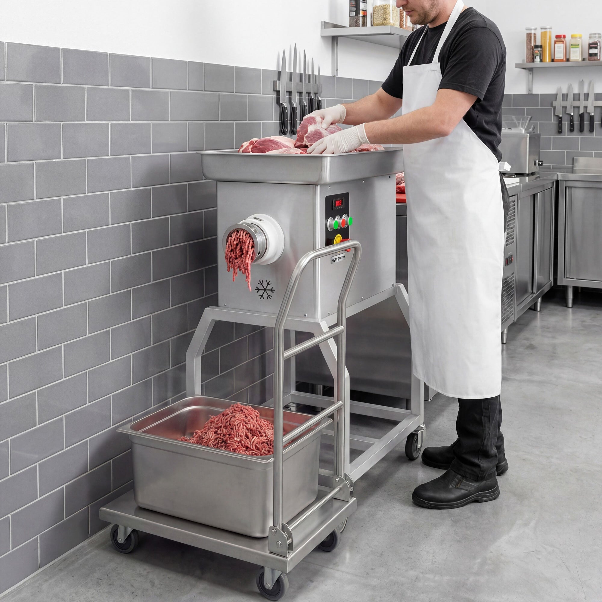 Professioneller Fleischwolf Größe 32 600 kg/h 3 kW 236 U/min mit Kühlung fahrbar