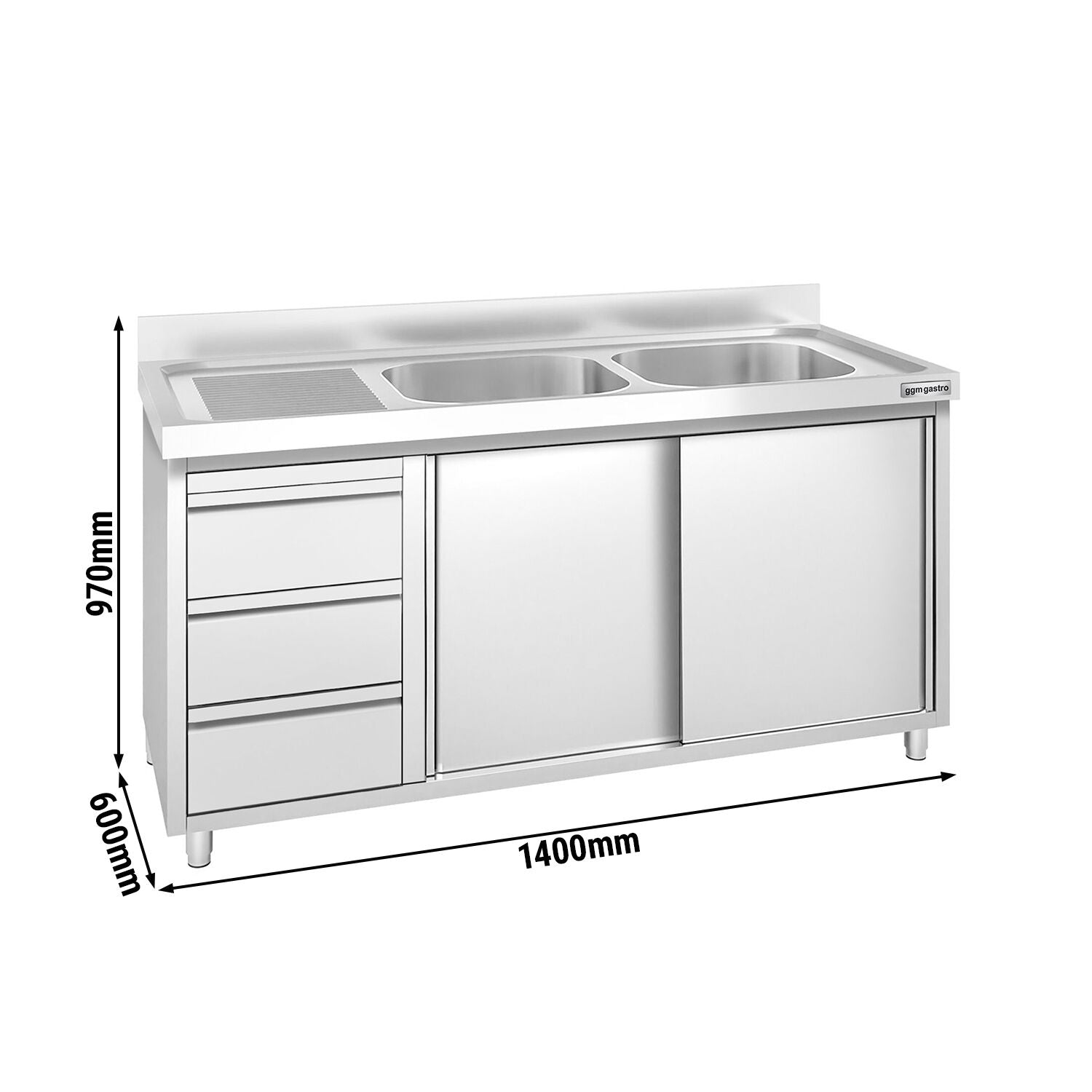 Edelstahl Spülenschrank PREMIUM 1400 mm 600 mm 3 Schubladen 2 Becken Rechts