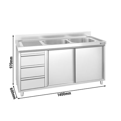 Edelstahl Spülenschrank PREMIUM 1400 mm 600 mm 3 Schubladen 2 Becken Rechts
