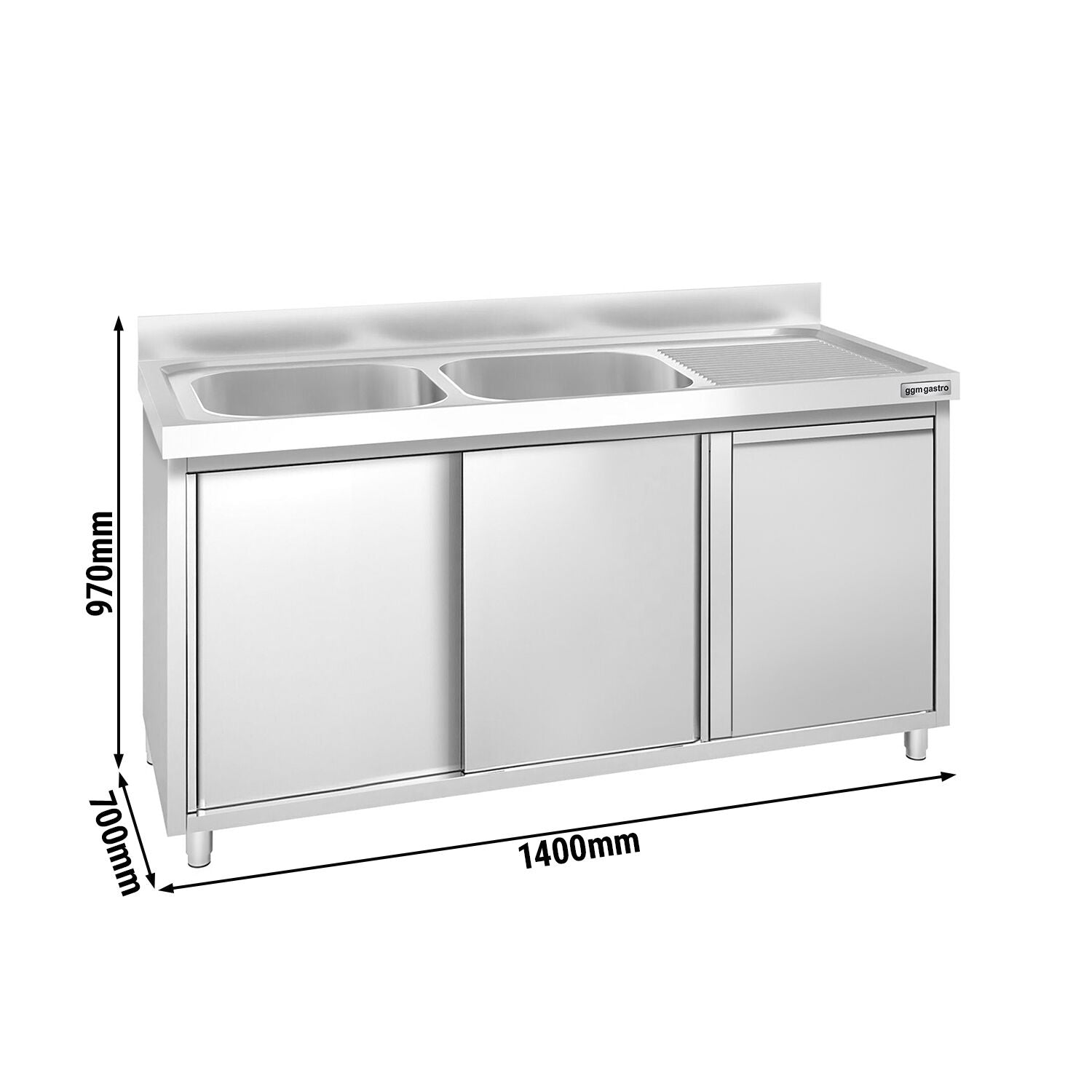 GGM Gastro PREMIUM Spülenschrank 1400 mm 700 mm Edelstahl 2 Becken Links