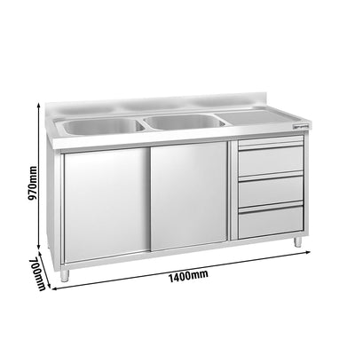 GGM Gastro PREMIUM Dřezová Skříňka Nerezová Ocel 1400 mm 3 Zásuvky 2 Dřezy