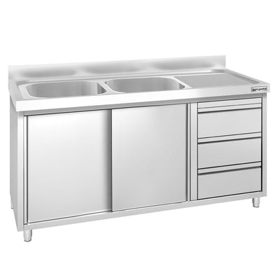 GGM Gastro PREMIUM Dřezová Skříňka Nerezová Ocel 1400 mm 3 Zásuvky 2 Dřezy
