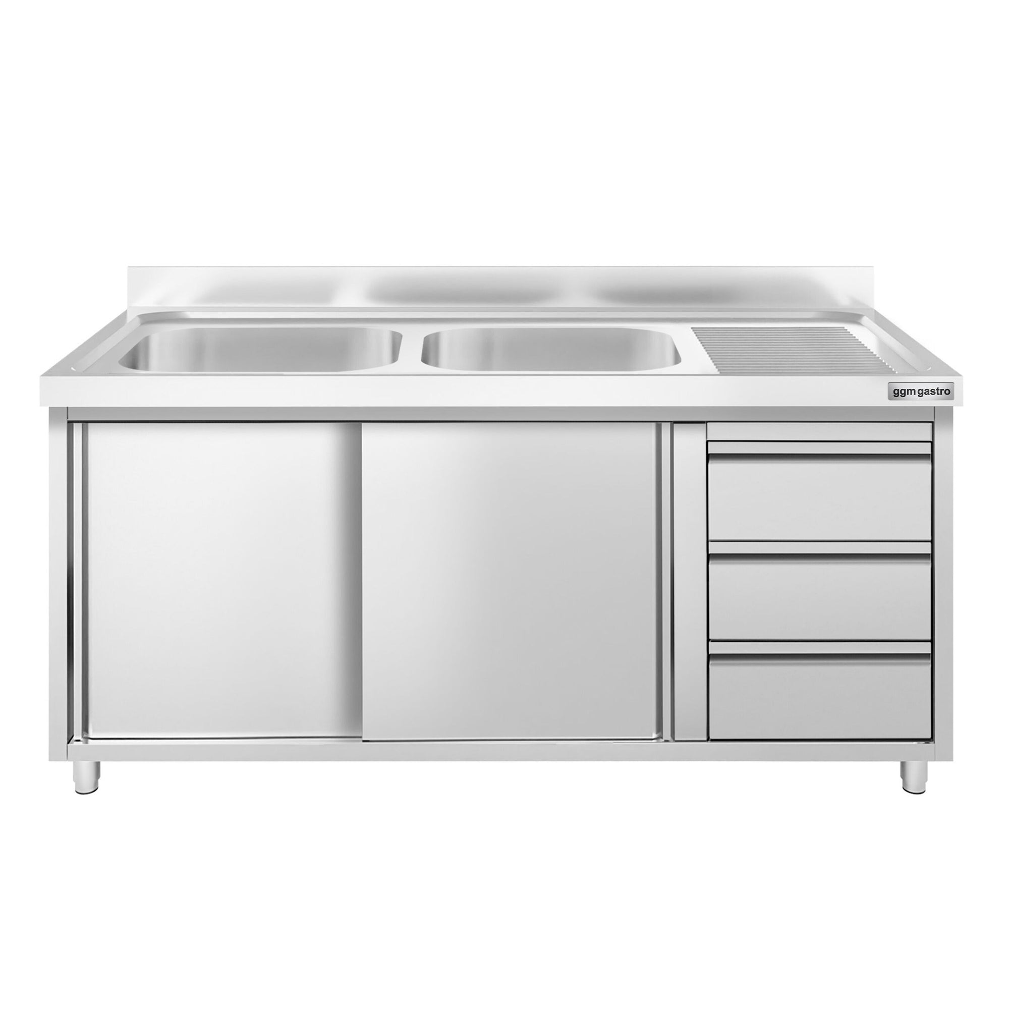 GGM Gastro PREMIUM Dřezová Skříňka Nerezová Ocel 1400 mm 3 Zásuvky 2 Dřezy