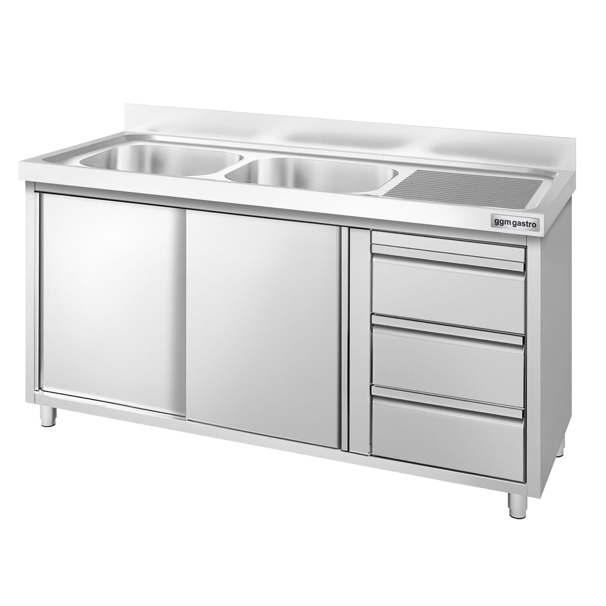 GGM Gastro PREMIUM Dřezová Skříňka Nerezová Ocel 1400 mm 3 Zásuvky 2 Dřezy