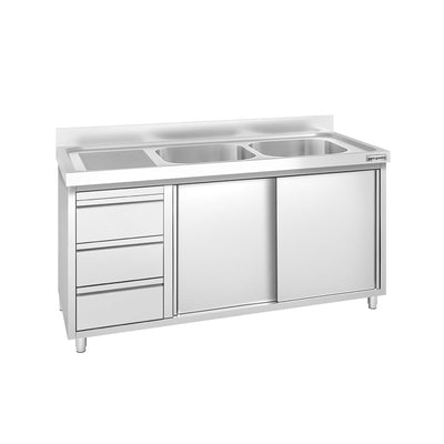 GGM Gastro PREMIUM Spülenschrank 1400 mm 700 mm 3 Schubladen 2 Becken Rechts