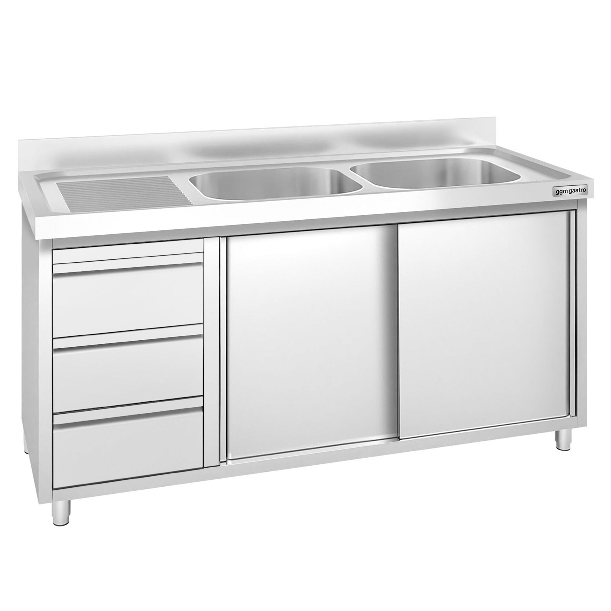 GGM Gastro PREMIUM Spülenschrank 1400 mm 700 mm 3 Schubladen 2 Becken Rechts