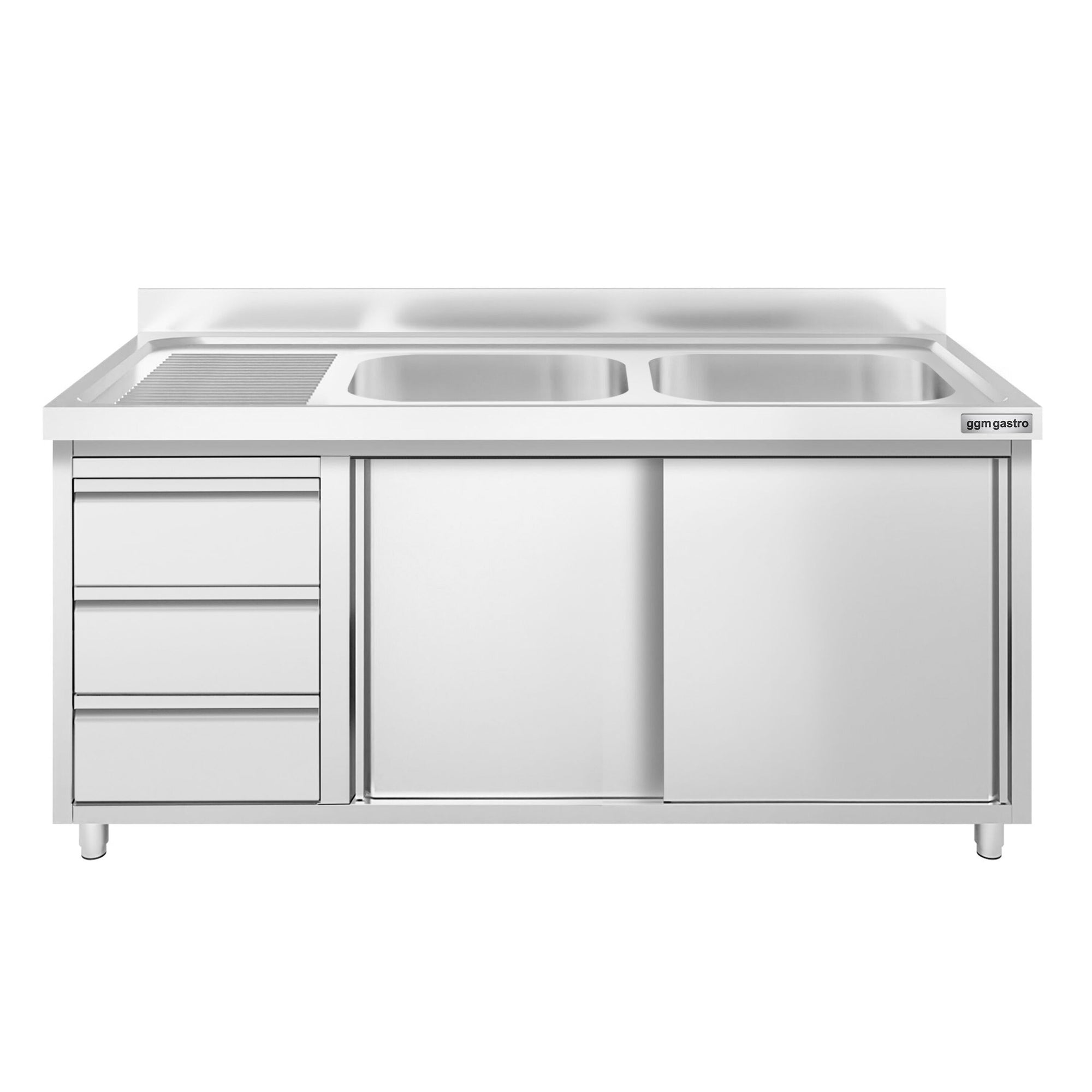 Edelstahl Spülenschrank PREMIUM 1400 mm 600 mm 3 Schubladen 2 Becken Rechts