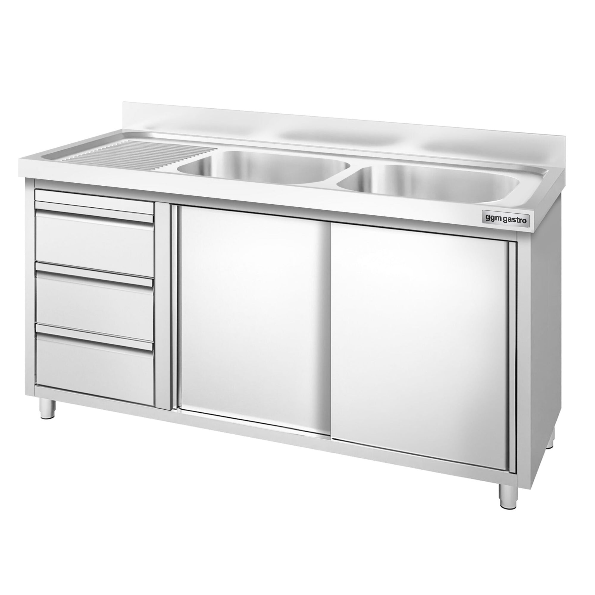 GGM Gastro PREMIUM Spülenschrank 1400 mm 700 mm 3 Schubladen 2 Becken Rechts