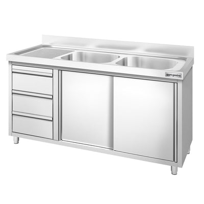 GGM Gastro PREMIUM Spülenschrank 1400 mm 700 mm 3 Schubladen 2 Becken Rechts