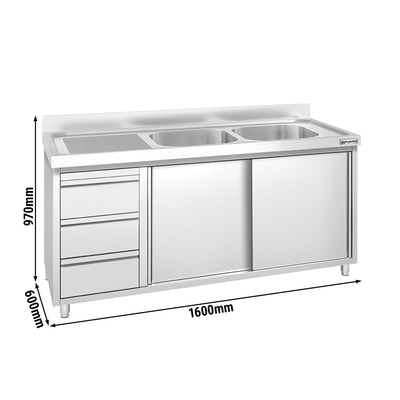 GGM Gastro PREMIUM Spülenschrank 1600 mm 600 mm 970 mm 3 Schubladen 2 Becken