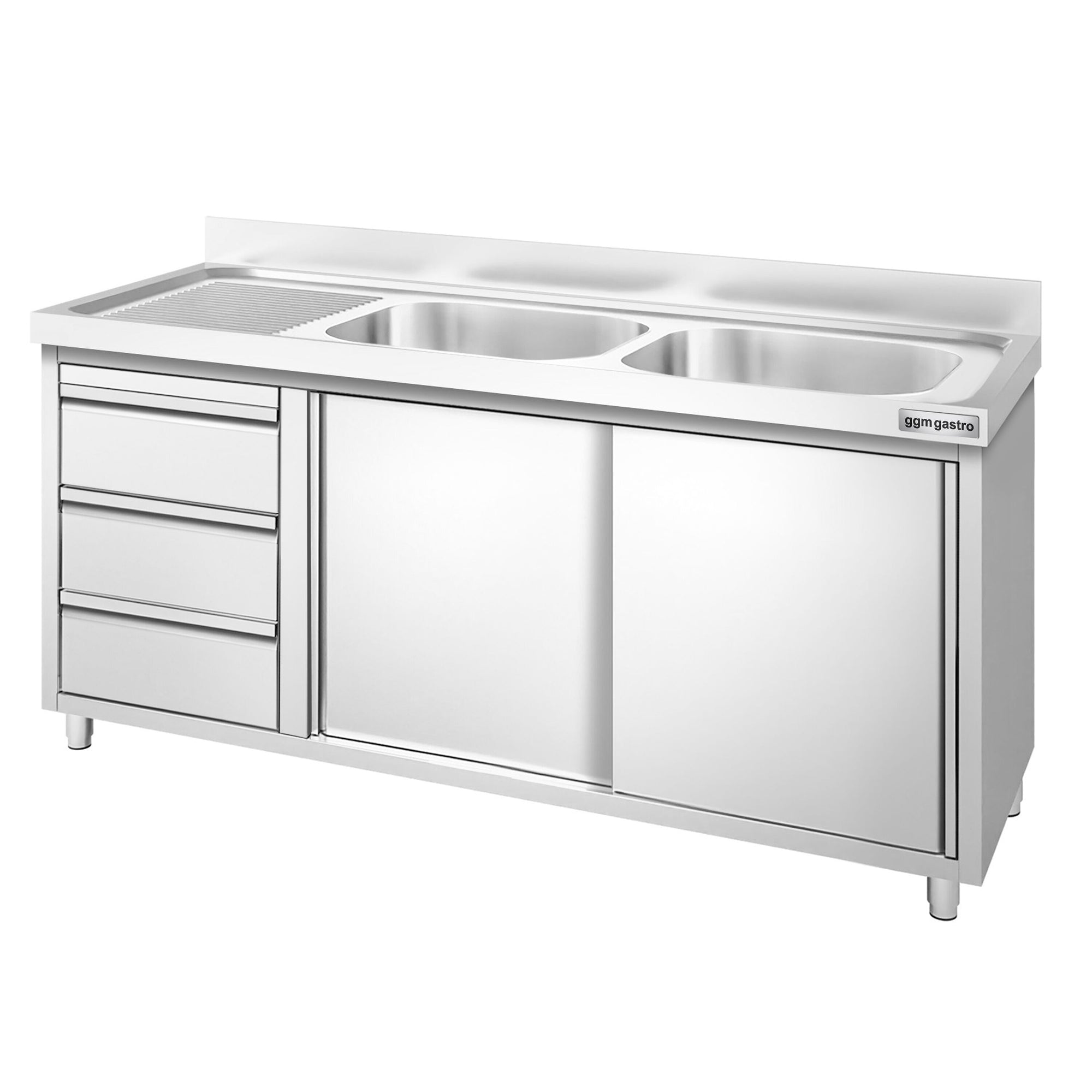 GGM Gastro PREMIUM Spülenschrank 1600 mm 600 mm 970 mm 3 Schubladen 2 Becken