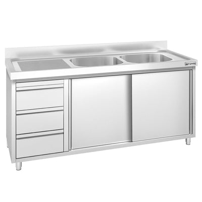GGM Gastro PREMIUM Spülenschrank 1600 mm 600 mm 970 mm 3 Schubladen 2 Becken