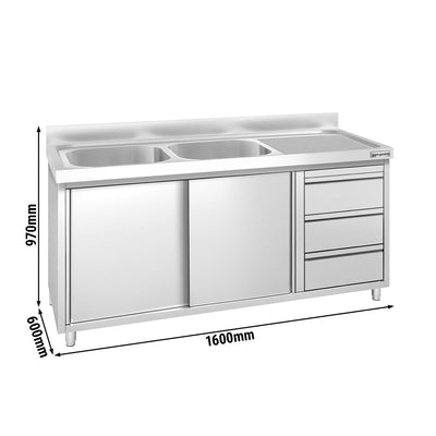 Nerezová Dřezová Skříňka PREMIUM 1800 mm 3 Zásuvky 2 Dřezy