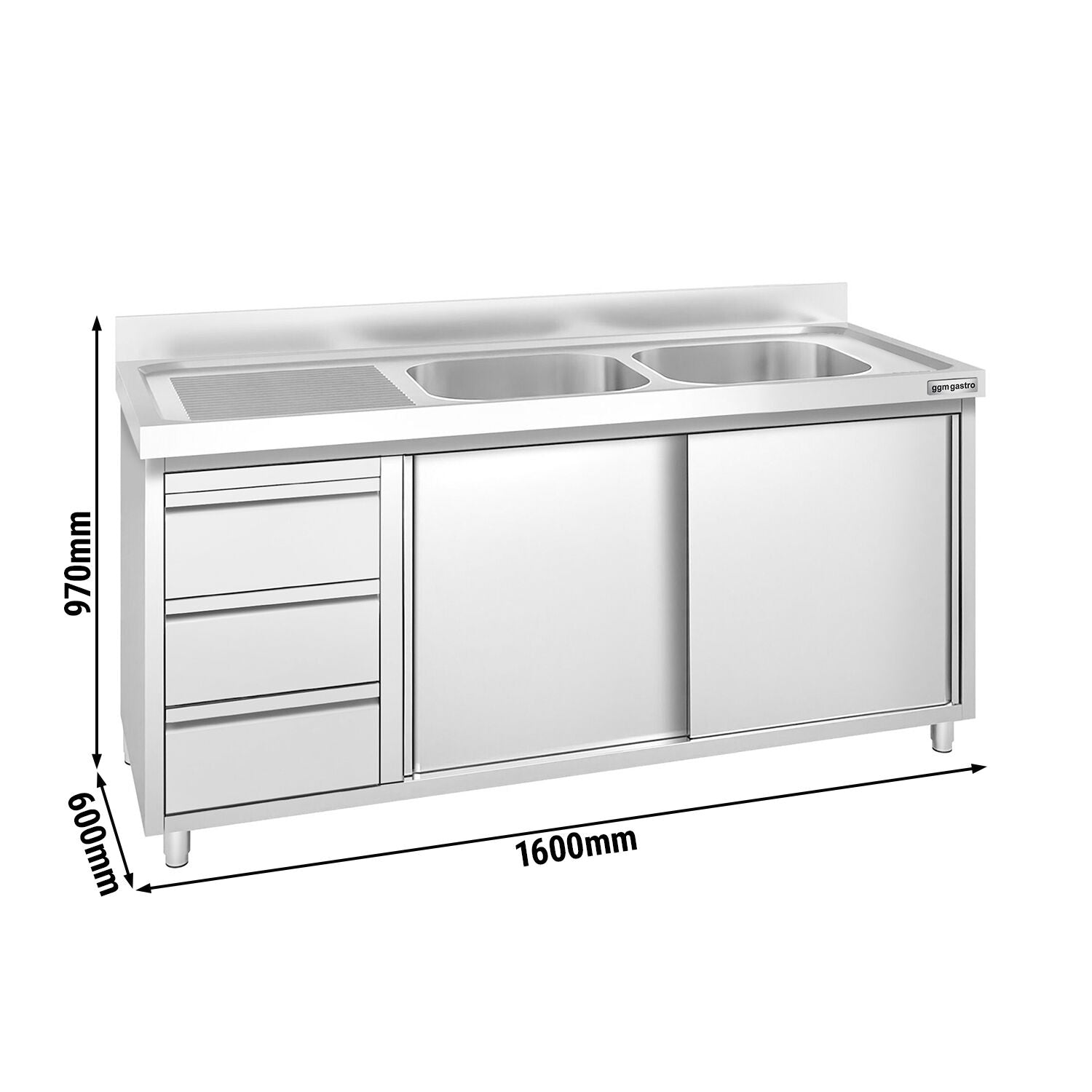 Edelstahl Spülenschrank PREMIUM 1800 mm 600 mm 970 mm 3 Schubladen 2 Becken Rechts