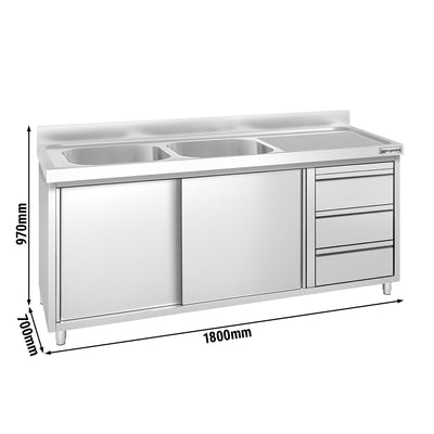 GGM Gastro Spülschrank Premium 1800 mm 2 Becken 3 Schubladen