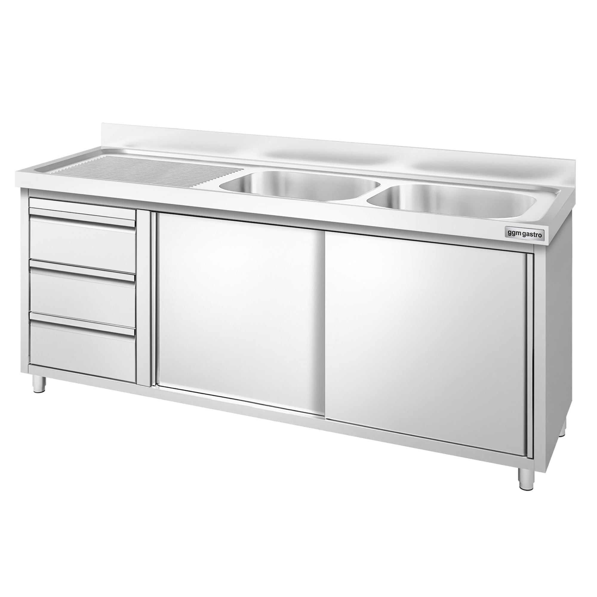 Edelstahl Spülenschrank PREMIUM 1800 mm 600 mm 970 mm 3 Schubladen 2 Becken Rechts