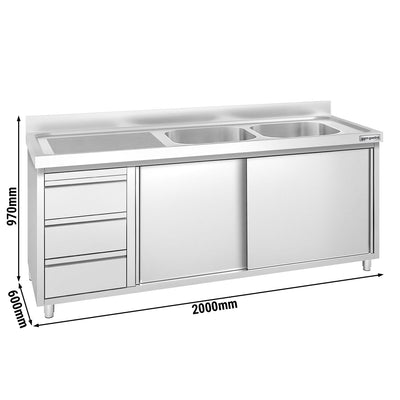 GGM Gastro PREMIUM Dřezová Skříňka Nerezová Ocel AISI 304 2000 mm 600 mm 970 mm 3 Zásuvky 2 Umyvadla Vpravo