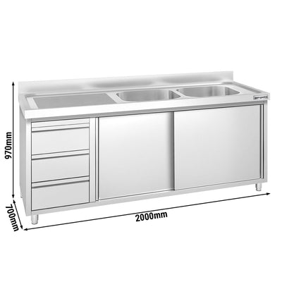GGM Gastro Spülenschrank Premium 2000 mm 3 Schubladen 2 Becken Rechts