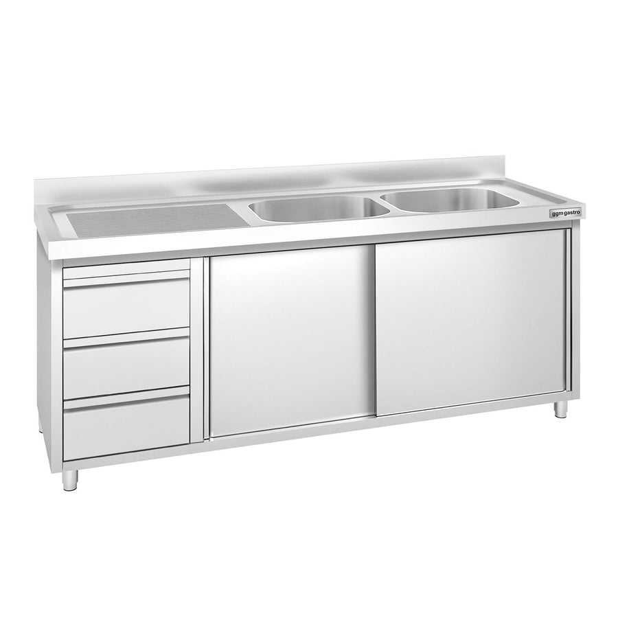 GGM Gastro Spülenschrank Premium 2000 mm 3 Schubladen 2 Becken Rechts