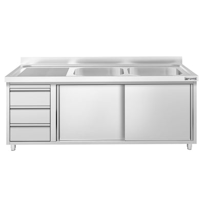GGM Gastro Spülenschrank Premium 2000 mm 3 Schubladen 2 Becken Rechts