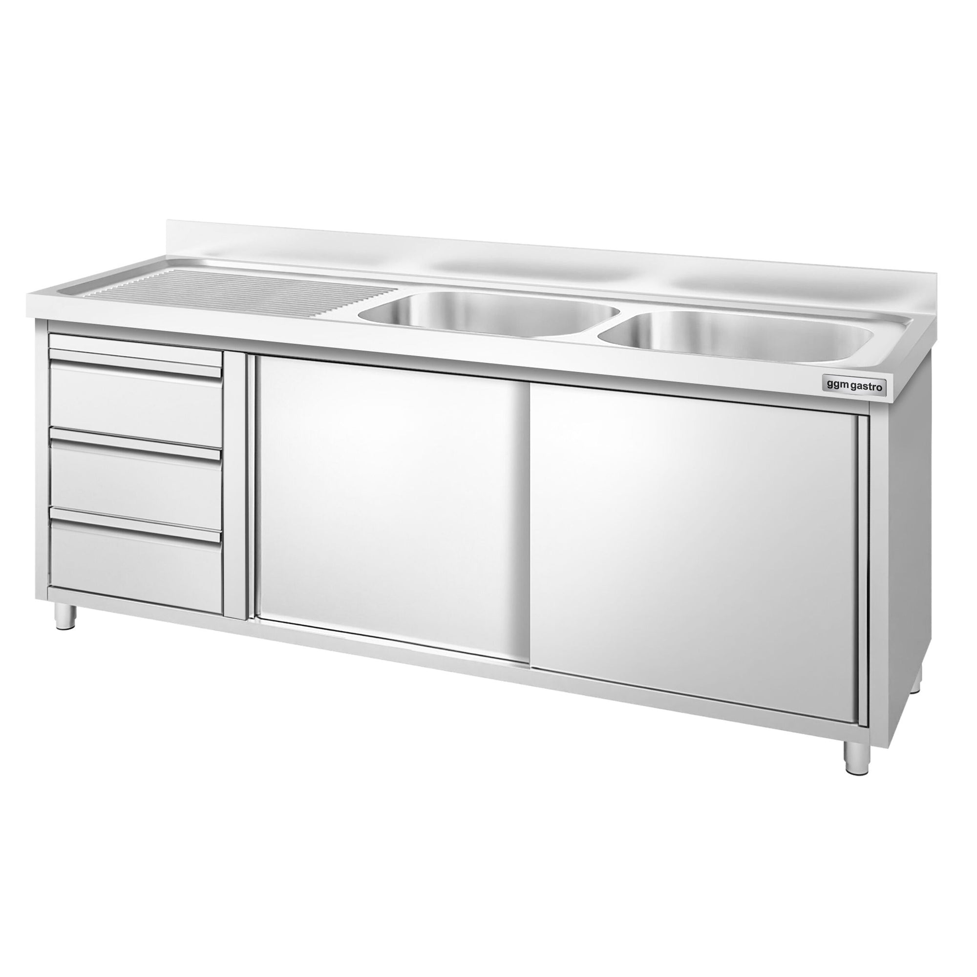GGM Gastro PREMIUM Dřezová Skříňka Nerezová Ocel AISI 304 2000 mm 600 mm 970 mm 3 Zásuvky 2 Umyvadla Vpravo
