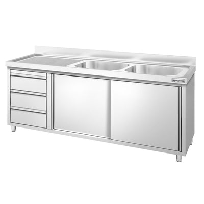 GGM Gastro PREMIUM Dřezová Skříňka Nerezová Ocel AISI 304 2000 mm 600 mm 970 mm 3 Zásuvky 2 Umyvadla Vpravo