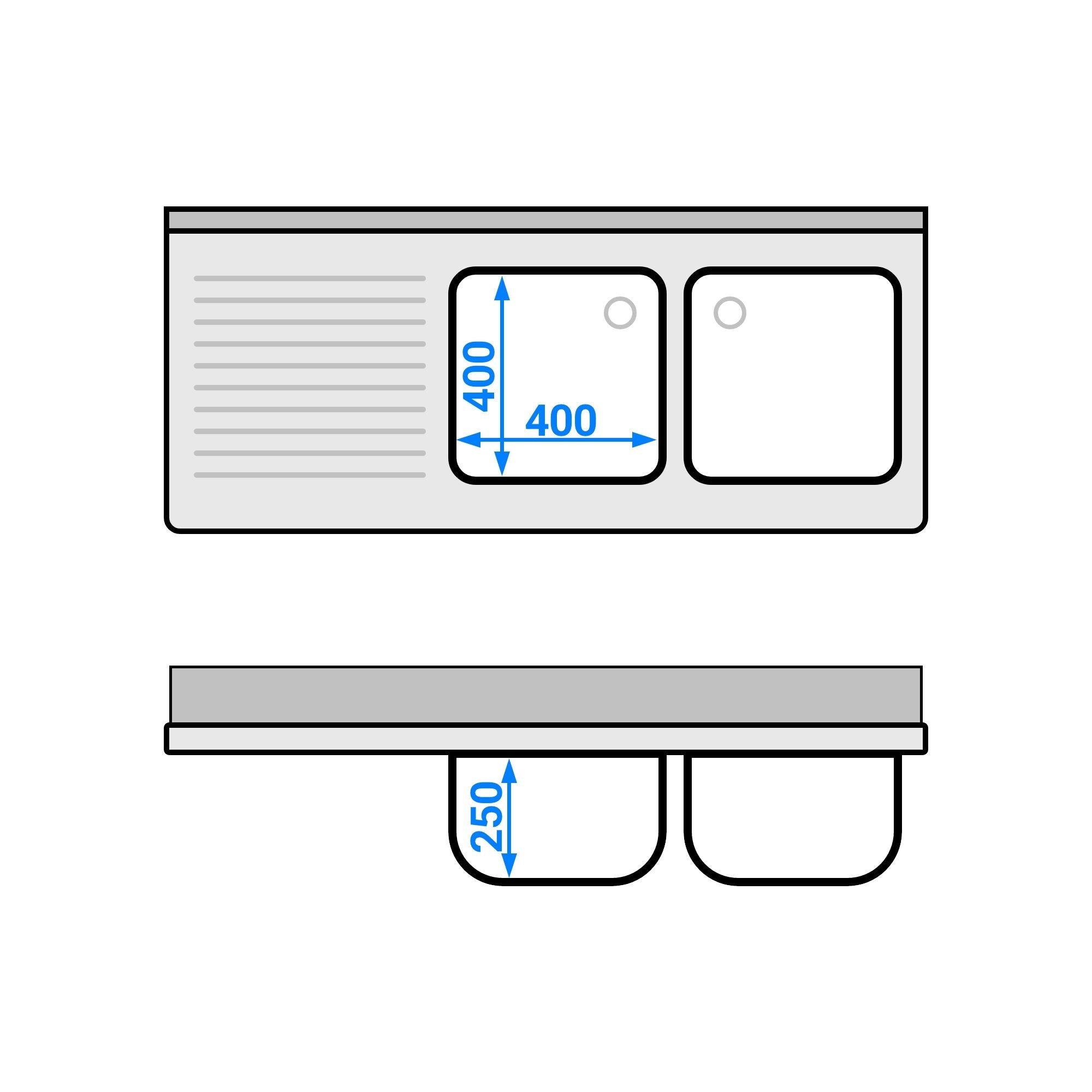 Edelstahl Spülenschrank PREMIUM 1400 mm 600 mm 3 Schubladen 2 Becken Rechts