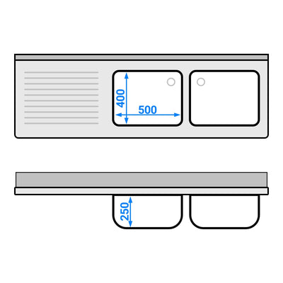 Edelstahl Spülenschrank PREMIUM 1800 mm 600 mm 970 mm 3 Schubladen 2 Becken Rechts