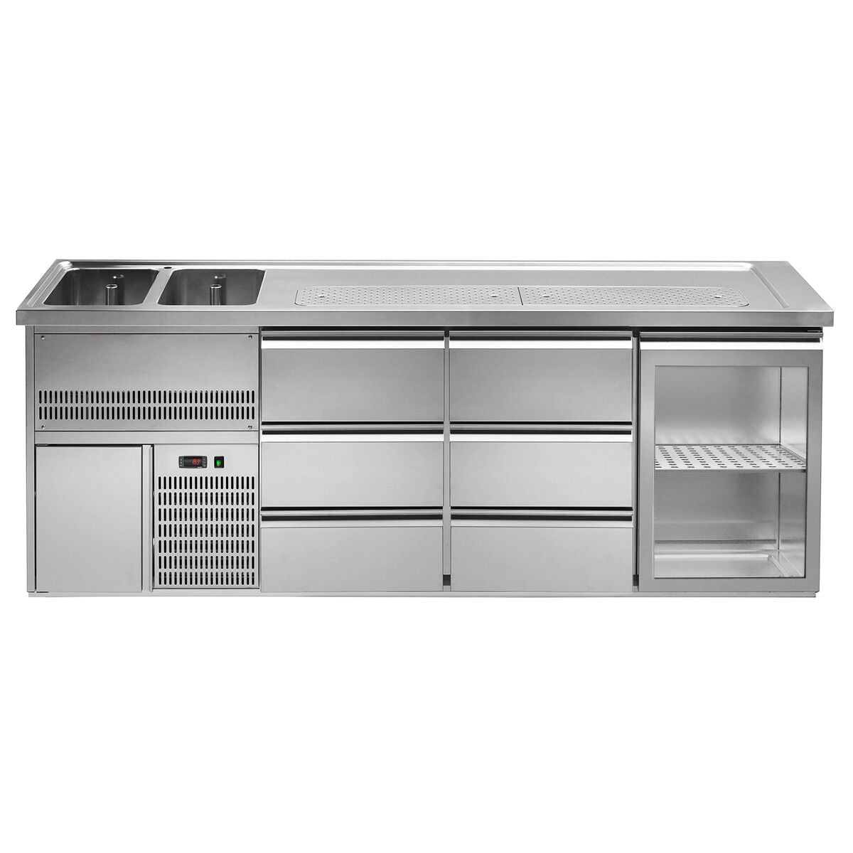 GGM Gastro Výčepní Pult Premium PLUS 2500 mm 700 mm Nerez 6 Zásuvek 1 Skleněné Dveře